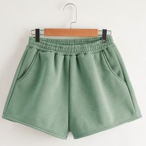 New Sage Green Elastic Waist Shorts with Pockets